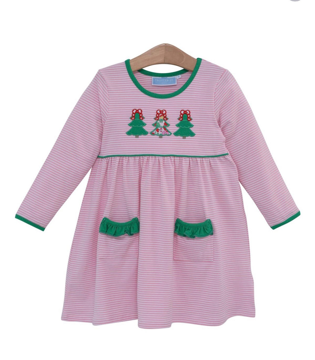 Christmas- Three Trees Pink Stripe Dress