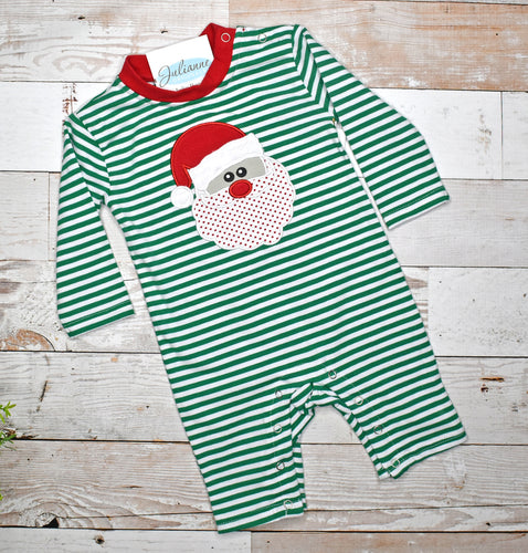 Christmas - Santa Green Stripe Boy Romper